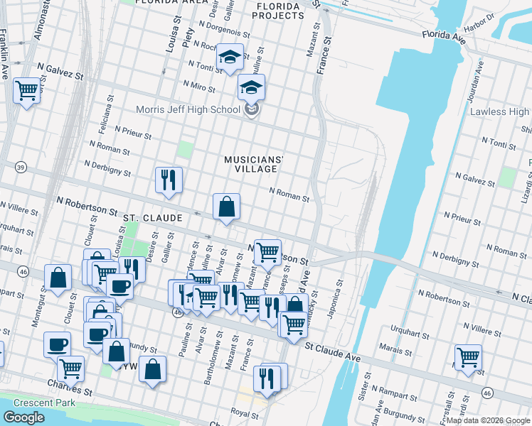 map of restaurants, bars, coffee shops, grocery stores, and more near 1642 Mazant Street in New Orleans