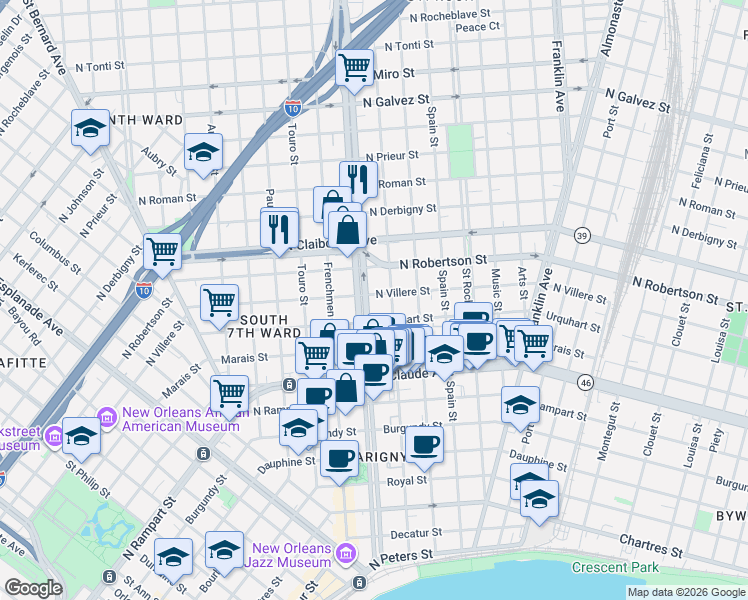 map of restaurants, bars, coffee shops, grocery stores, and more near in New Orleans