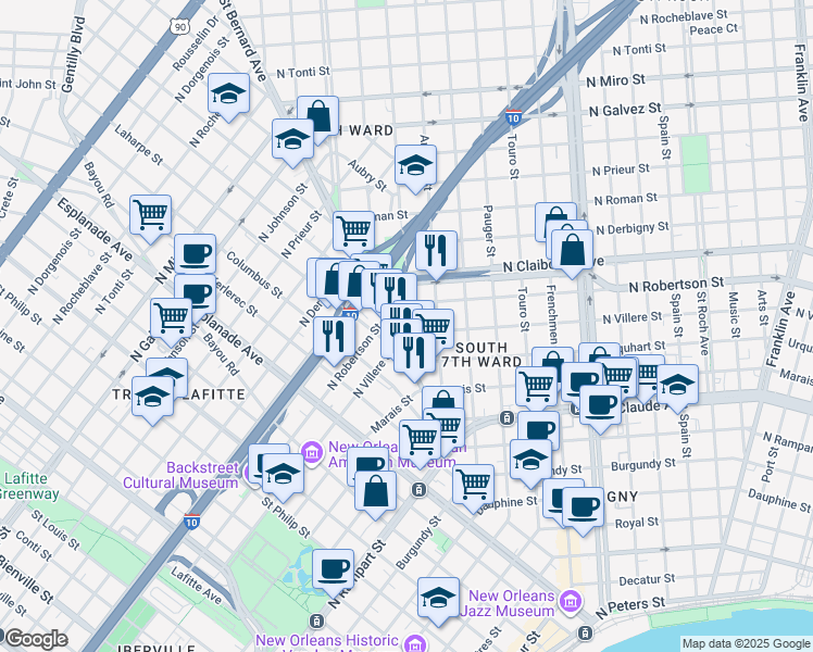 map of restaurants, bars, coffee shops, grocery stores, and more near 1415 Saint Bernard Avenue in New Orleans