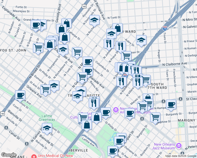 map of restaurants, bars, coffee shops, grocery stores, and more near in New Orleans