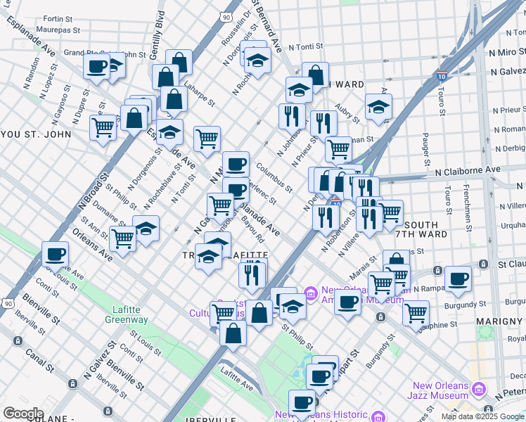 map of restaurants, bars, coffee shops, grocery stores, and more near in New Orleans