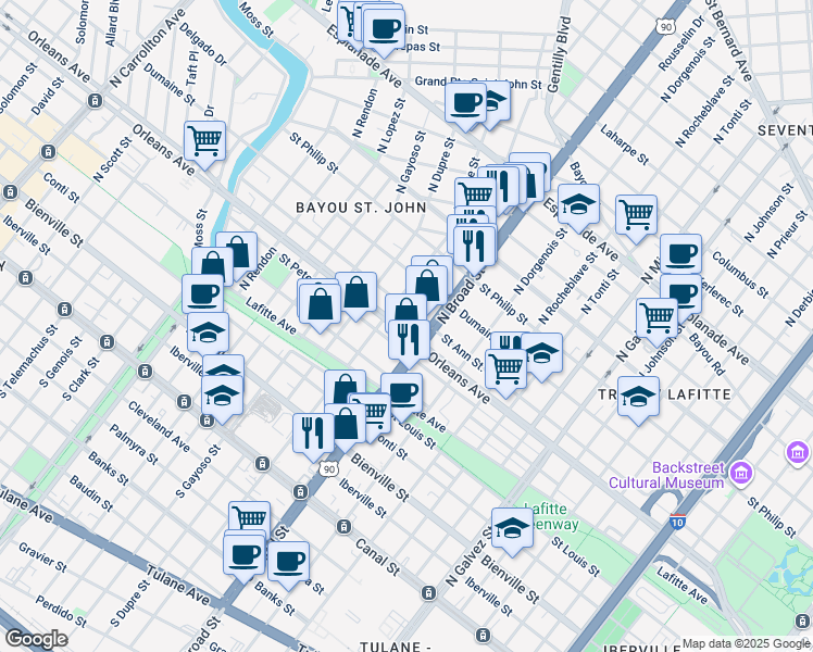 map of restaurants, bars, coffee shops, grocery stores, and more near 2751 Orleans Avenue in New Orleans
