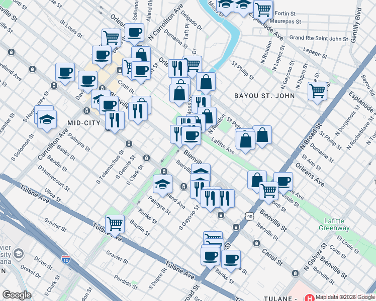 map of restaurants, bars, coffee shops, grocery stores, and more near in New Orleans