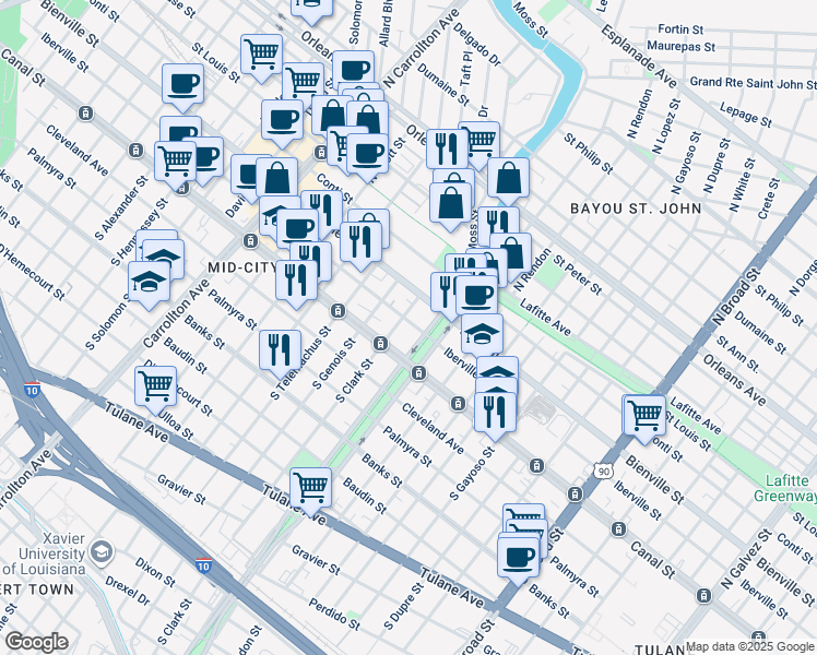 map of restaurants, bars, coffee shops, grocery stores, and more near 132 North Clark Street in New Orleans