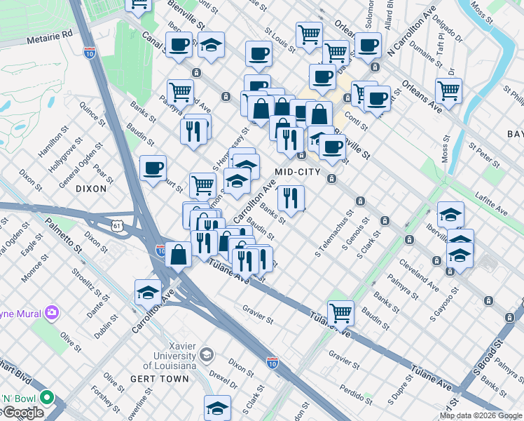map of restaurants, bars, coffee shops, grocery stores, and more near in New Orleans