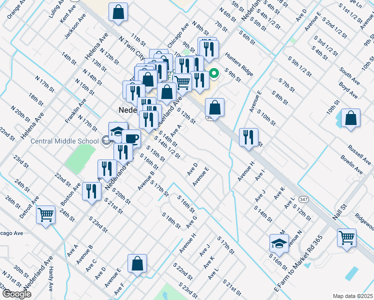 map of restaurants, bars, coffee shops, grocery stores, and more near 313 South 14th Street in Nederland