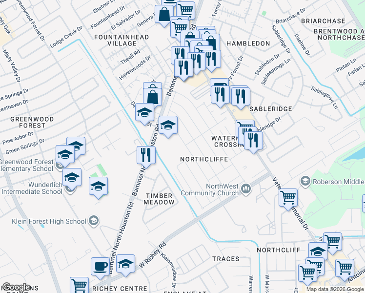 map of restaurants, bars, coffee shops, grocery stores, and more near 4230 Brandemere Way Street in Houston