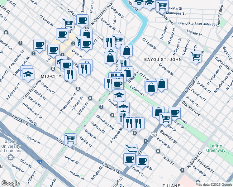 map of restaurants, bars, coffee shops, grocery stores, and more near 3313 Bienville Street in New Orleans