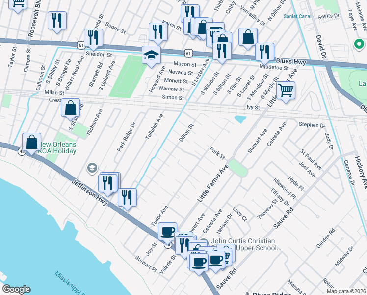 map of restaurants, bars, coffee shops, grocery stores, and more near 10537 Carthage Street in River Ridge