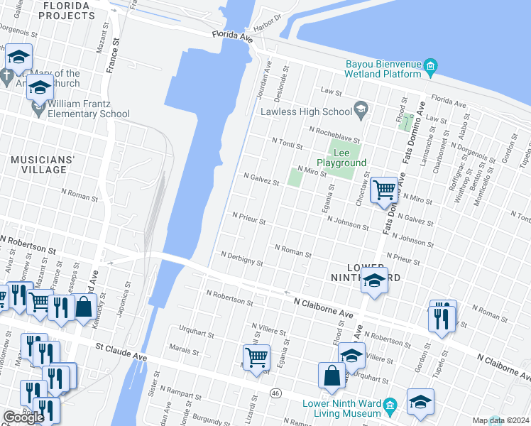 map of restaurants, bars, coffee shops, grocery stores, and more near 1919 Tennessee Street in New Orleans