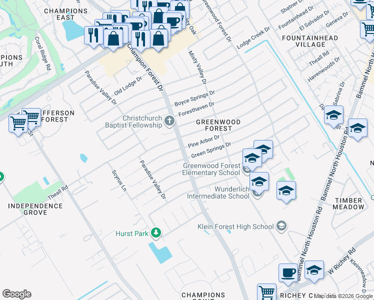 map of restaurants, bars, coffee shops, grocery stores, and more near 5623 Pine Arbor Drive in Houston