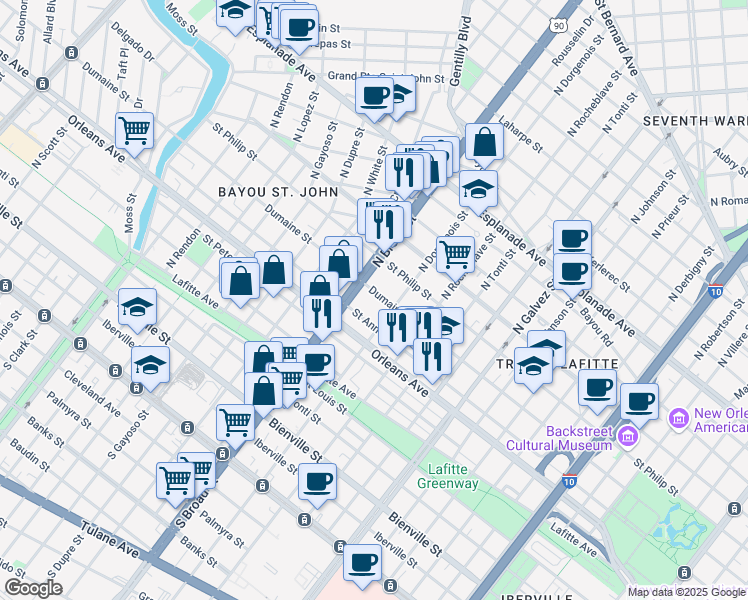 map of restaurants, bars, coffee shops, grocery stores, and more near 2628 Dumaine Street in New Orleans