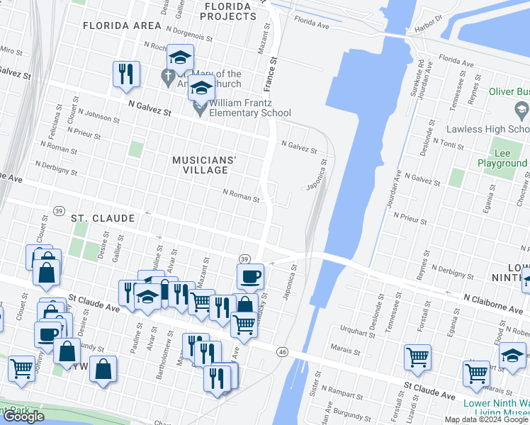 map of restaurants, bars, coffee shops, grocery stores, and more near 1722 Poland Avenue in New Orleans