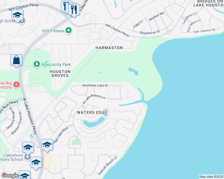 map of restaurants, bars, coffee shops, grocery stores, and more near 17115 Nulakewest Court in Houston