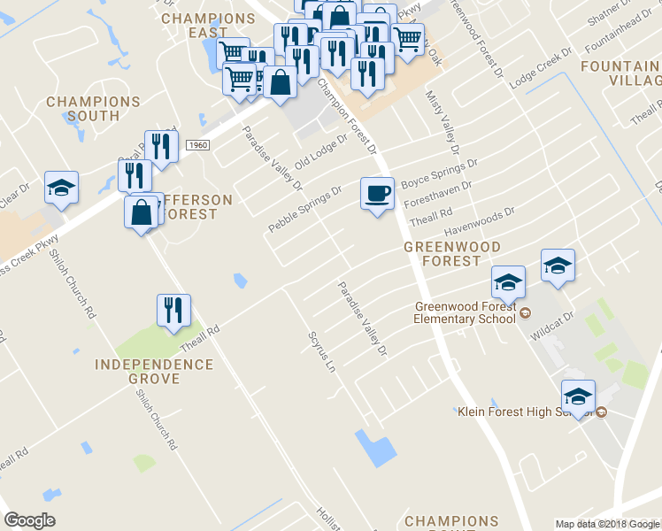 map of restaurants, bars, coffee shops, grocery stores, and more near 5911 Theall Road in Houston