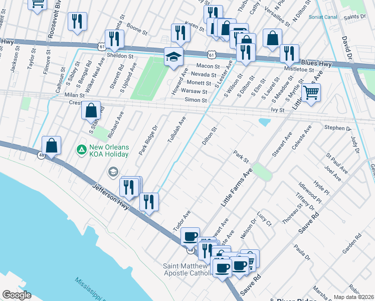 map of restaurants, bars, coffee shops, grocery stores, and more near 10617 Chadwick Street in River Ridge