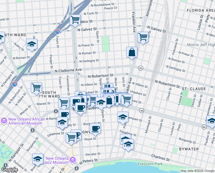 map of restaurants, bars, coffee shops, grocery stores, and more near 1324 Saint Roch Avenue in New Orleans