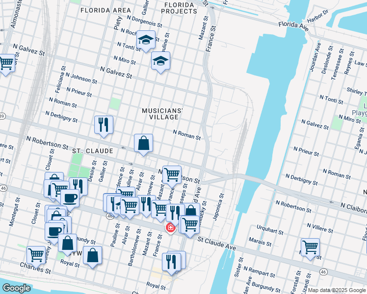 map of restaurants, bars, coffee shops, grocery stores, and more near 1705 France Street in New Orleans