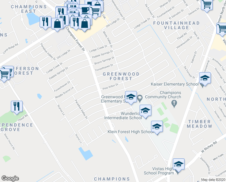 map of restaurants, bars, coffee shops, grocery stores, and more near 5526 Green Springs Drive in Houston