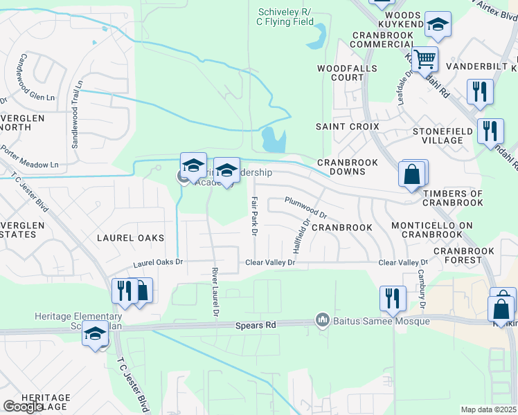 map of restaurants, bars, coffee shops, grocery stores, and more near 13914 Fair Park Dr in Houston