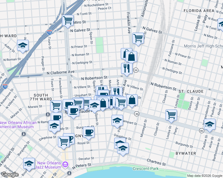 map of restaurants, bars, coffee shops, grocery stores, and more near 1323 Music Street in New Orleans
