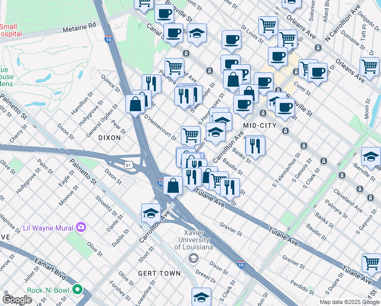 map of restaurants, bars, coffee shops, grocery stores, and more near 4210 D Hemecourt Street in New Orleans
