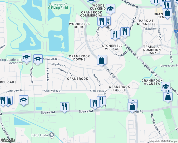 map of restaurants, bars, coffee shops, grocery stores, and more near 13942 Cantwell Drive in Houston