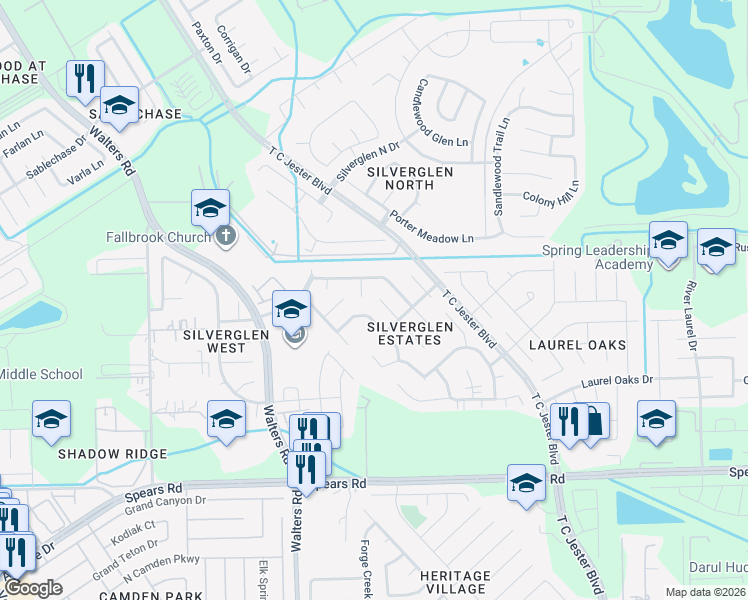 map of restaurants, bars, coffee shops, grocery stores, and more near 12527 Silverwyck Drive in Houston