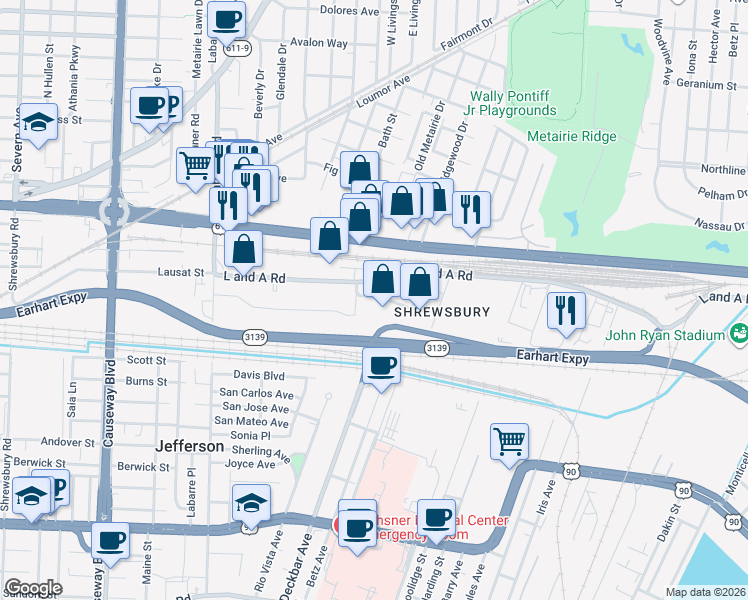 map of restaurants, bars, coffee shops, grocery stores, and more near 1604 Justin Rd in Metairie