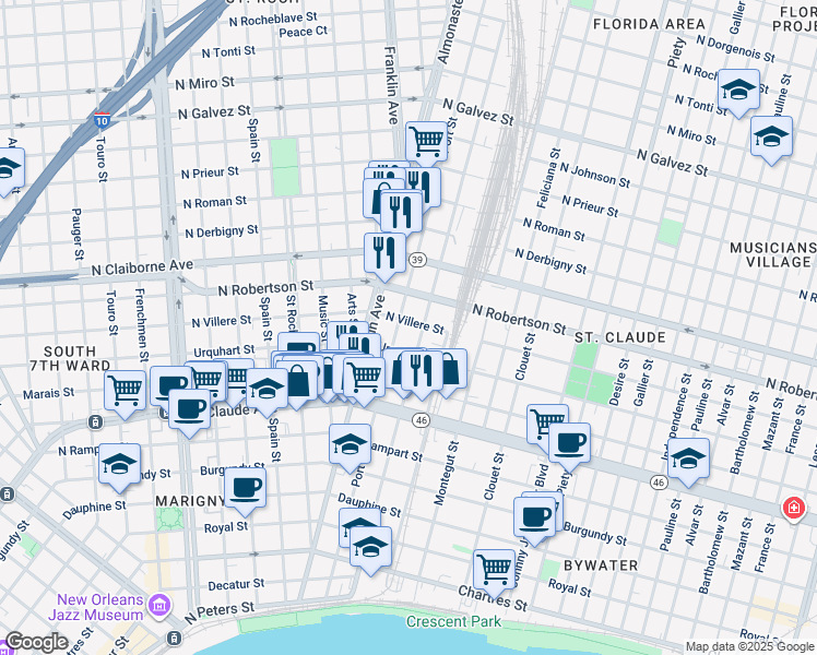 map of restaurants, bars, coffee shops, grocery stores, and more near 2712 North Villere Street in New Orleans