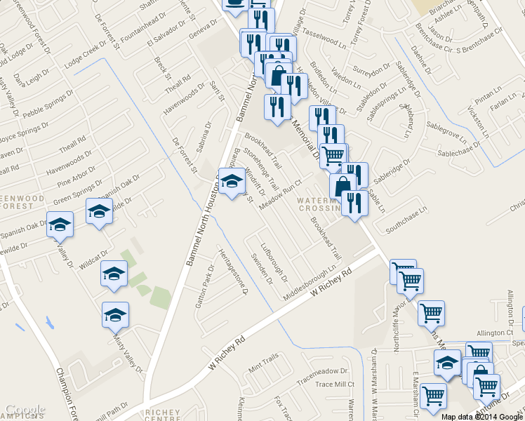 map of restaurants, bars, coffee shops, grocery stores, and more near 4230 Brandemere Way Street in Houston