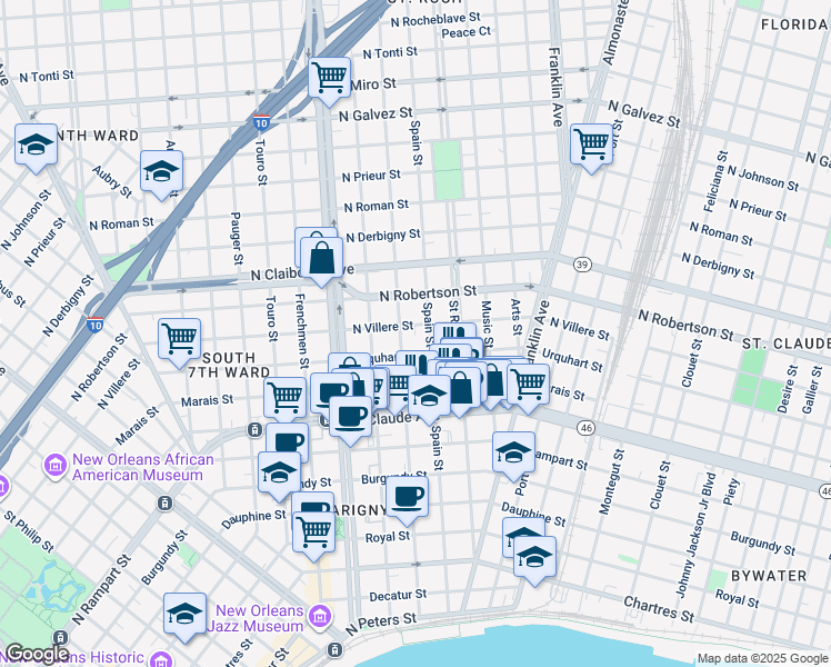map of restaurants, bars, coffee shops, grocery stores, and more near 2318 North Villere Street in New Orleans