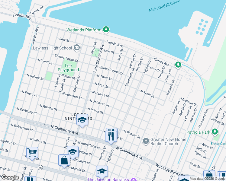 map of restaurants, bars, coffee shops, grocery stores, and more near 2139 Alabo Street in New Orleans