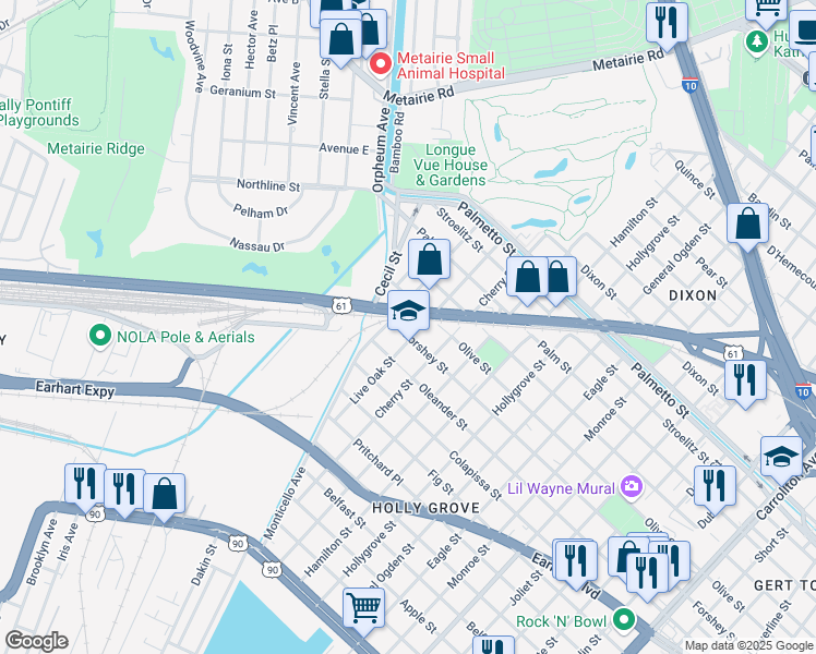 map of restaurants, bars, coffee shops, grocery stores, and more near 9413 Forshey Street in New Orleans