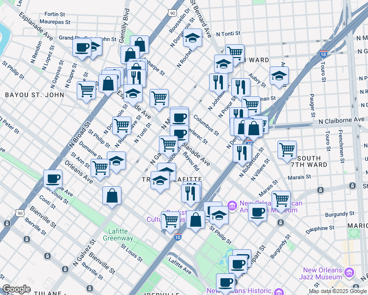 map of restaurants, bars, coffee shops, grocery stores, and more near 1928 Esplanade Avenue in New Orleans