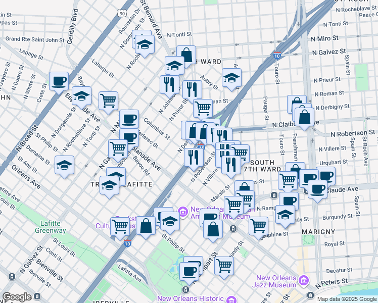 map of restaurants, bars, coffee shops, grocery stores, and more near 1611 Columbus Street in New Orleans