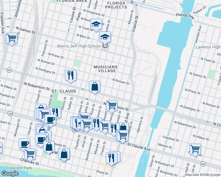 map of restaurants, bars, coffee shops, grocery stores, and more near 1642 Mazant Street in New Orleans