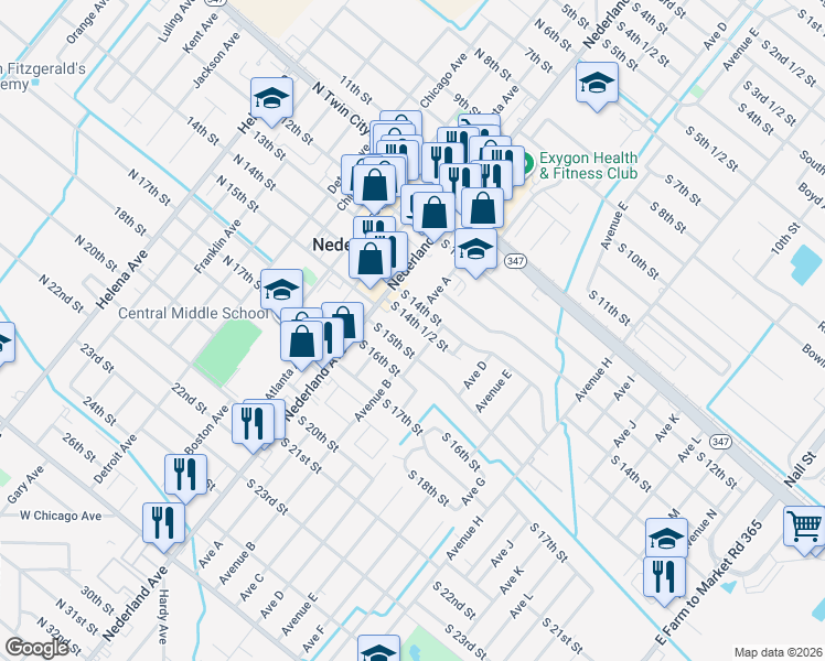 map of restaurants, bars, coffee shops, grocery stores, and more near 208 1/2 14th Street in Nederland