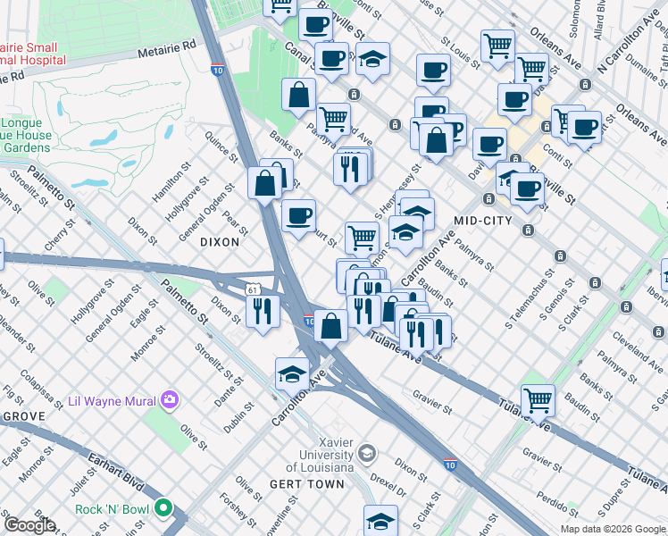 map of restaurants, bars, coffee shops, grocery stores, and more near 4313 Ulloa Street in New Orleans
