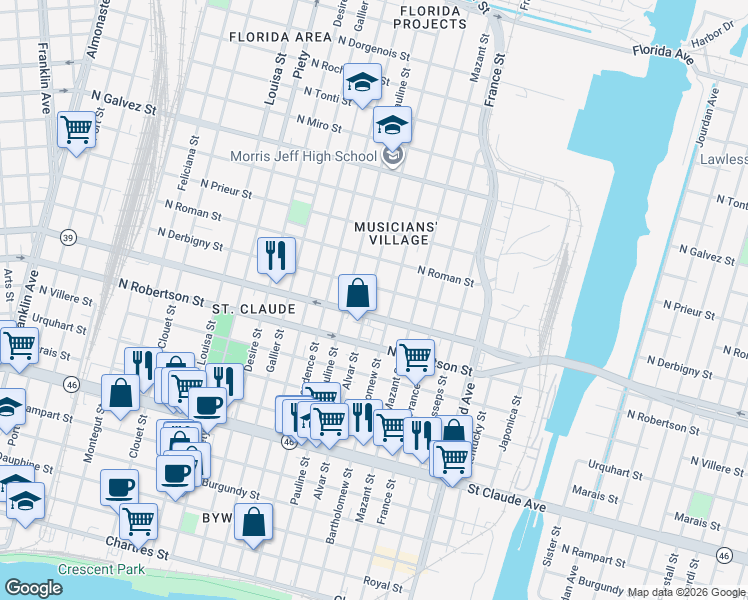 map of restaurants, bars, coffee shops, grocery stores, and more near 1625 Alvar Street in New Orleans
