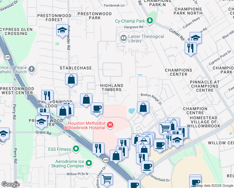 map of restaurants, bars, coffee shops, grocery stores, and more near 13426 Parkchase Timber Drive in Houston