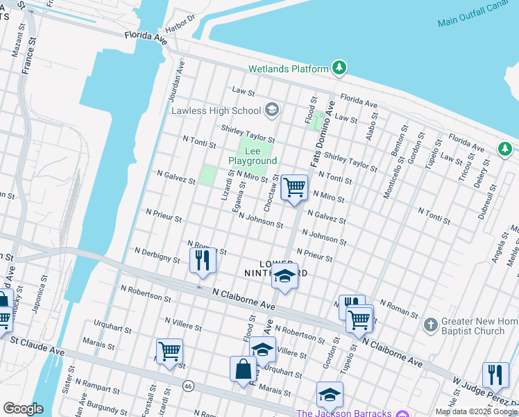 map of restaurants, bars, coffee shops, grocery stores, and more near 2029 Andry Street in New Orleans