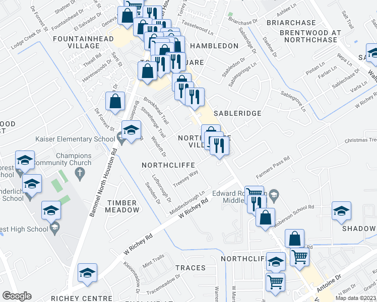 map of restaurants, bars, coffee shops, grocery stores, and more near 4138 Brookhead Trail in Houston