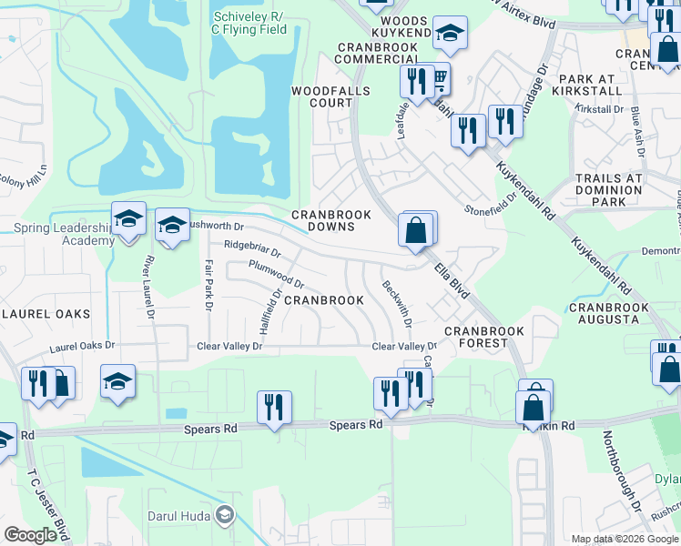 map of restaurants, bars, coffee shops, grocery stores, and more near 13955 Dentwood Drive in Houston