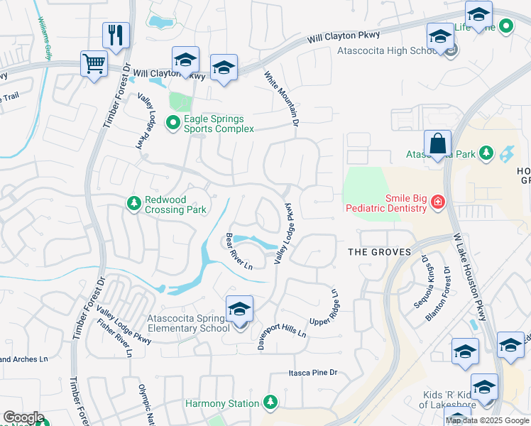 map of restaurants, bars, coffee shops, grocery stores, and more near 12907 Malibu Creek Lane in Humble