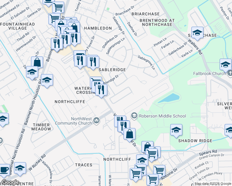 map of restaurants, bars, coffee shops, grocery stores, and more near 13402 Sable Lane in Houston