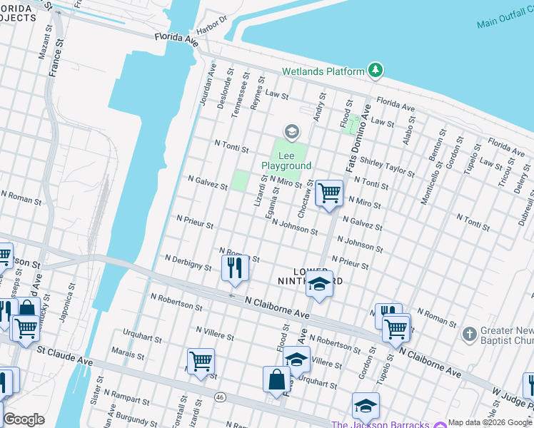 map of restaurants, bars, coffee shops, grocery stores, and more near 2020 Egania Street in New Orleans
