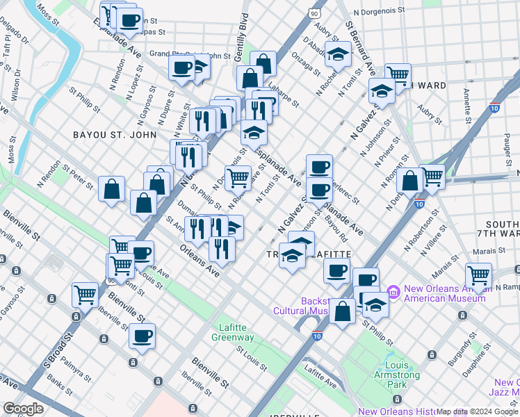 map of restaurants, bars, coffee shops, grocery stores, and more near 2339 Ursulines Avenue in New Orleans