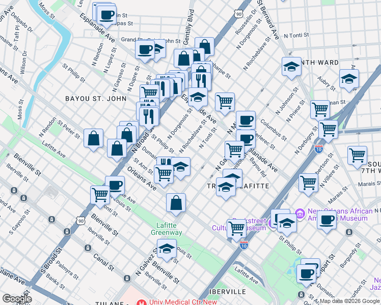 map of restaurants, bars, coffee shops, grocery stores, and more near 2339 Ursulines Avenue in New Orleans
