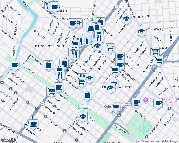 map of restaurants, bars, coffee shops, grocery stores, and more near 1010 North Rocheblave Street in New Orleans